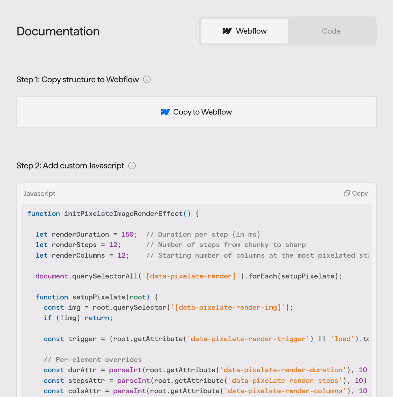 Example of the Webflow documentation on a resource detail page