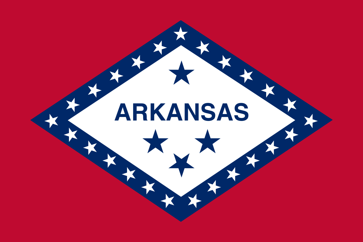 Arkansas state flag with white diamond, blue border, and red background