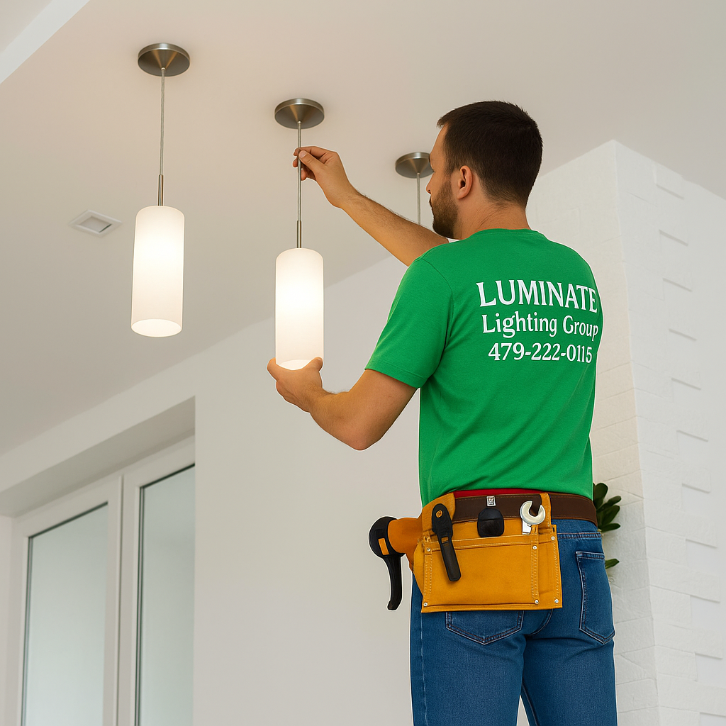Technician installing pendant lights in white interior room