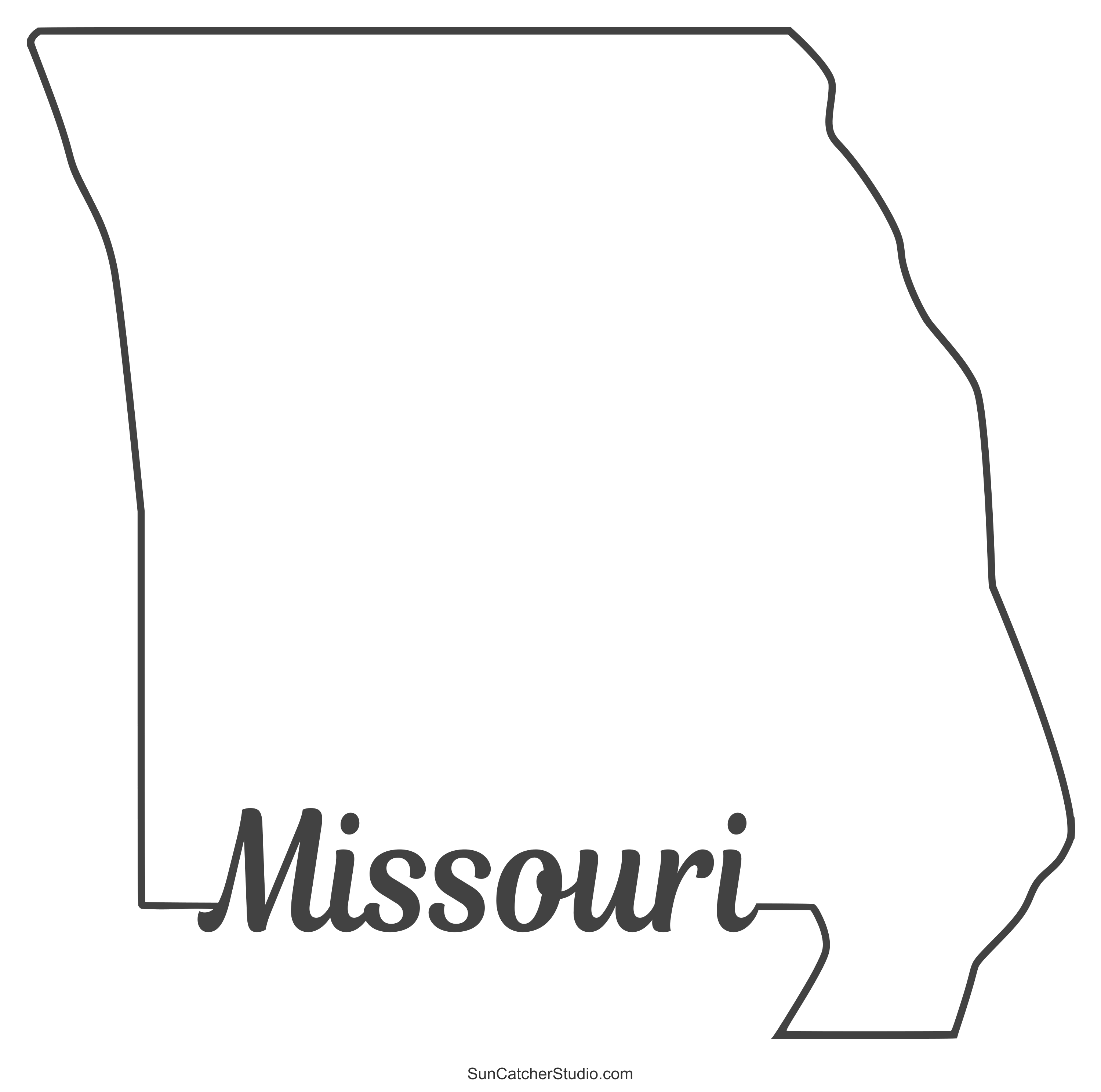 Outline of the state of Missouri with the word 'Missouri' written inside the bottom left.