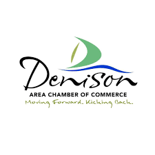 Denison Area Chamber of Commerce logo with a green and blue leaf design and the tagline 'Moving Forward. Kicking Back.'
