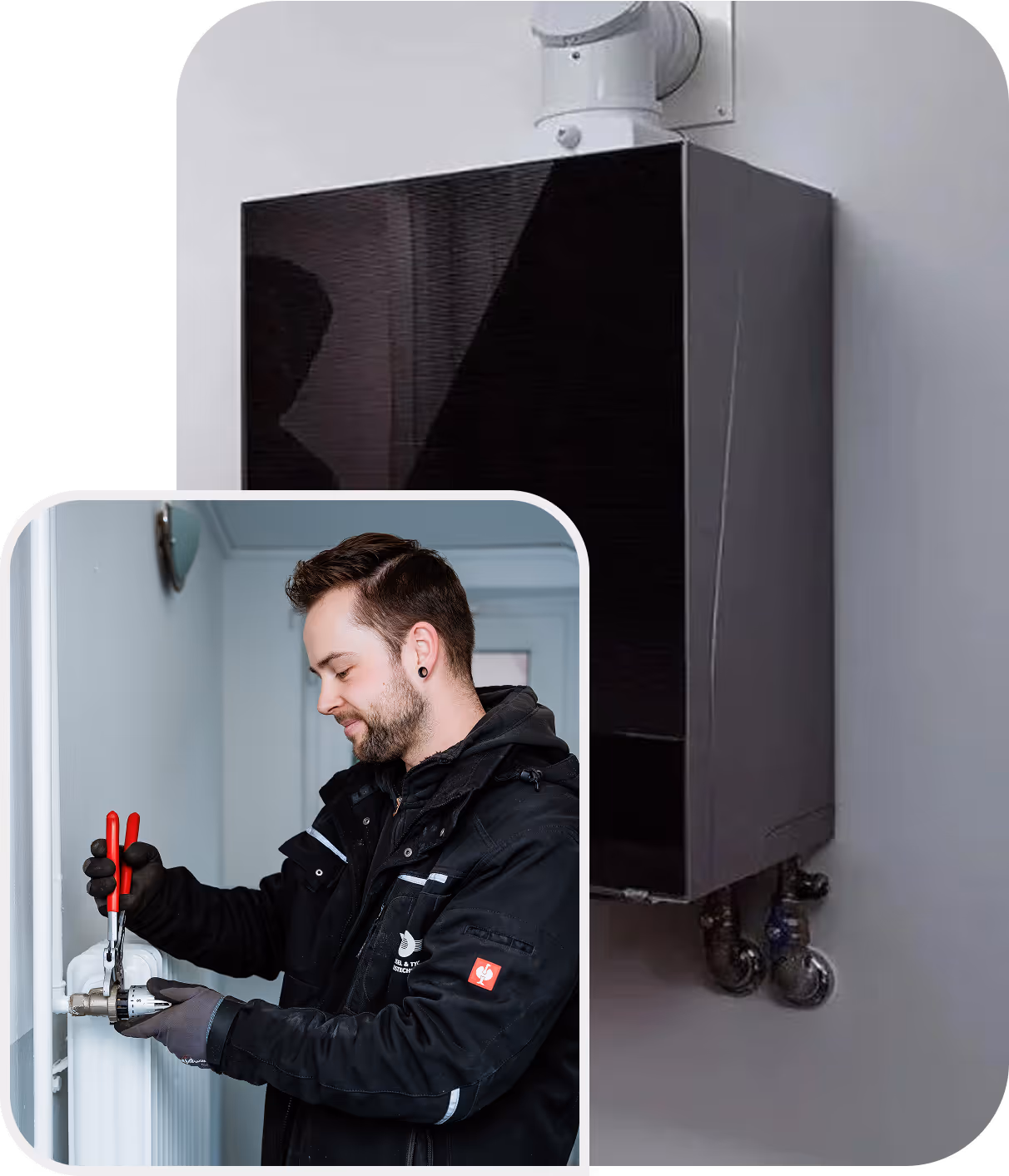 WTH-Handwerker schraubt an einer Heizung und im Hintergrund ist eine Wärmepumpe in schwarz zu sehen