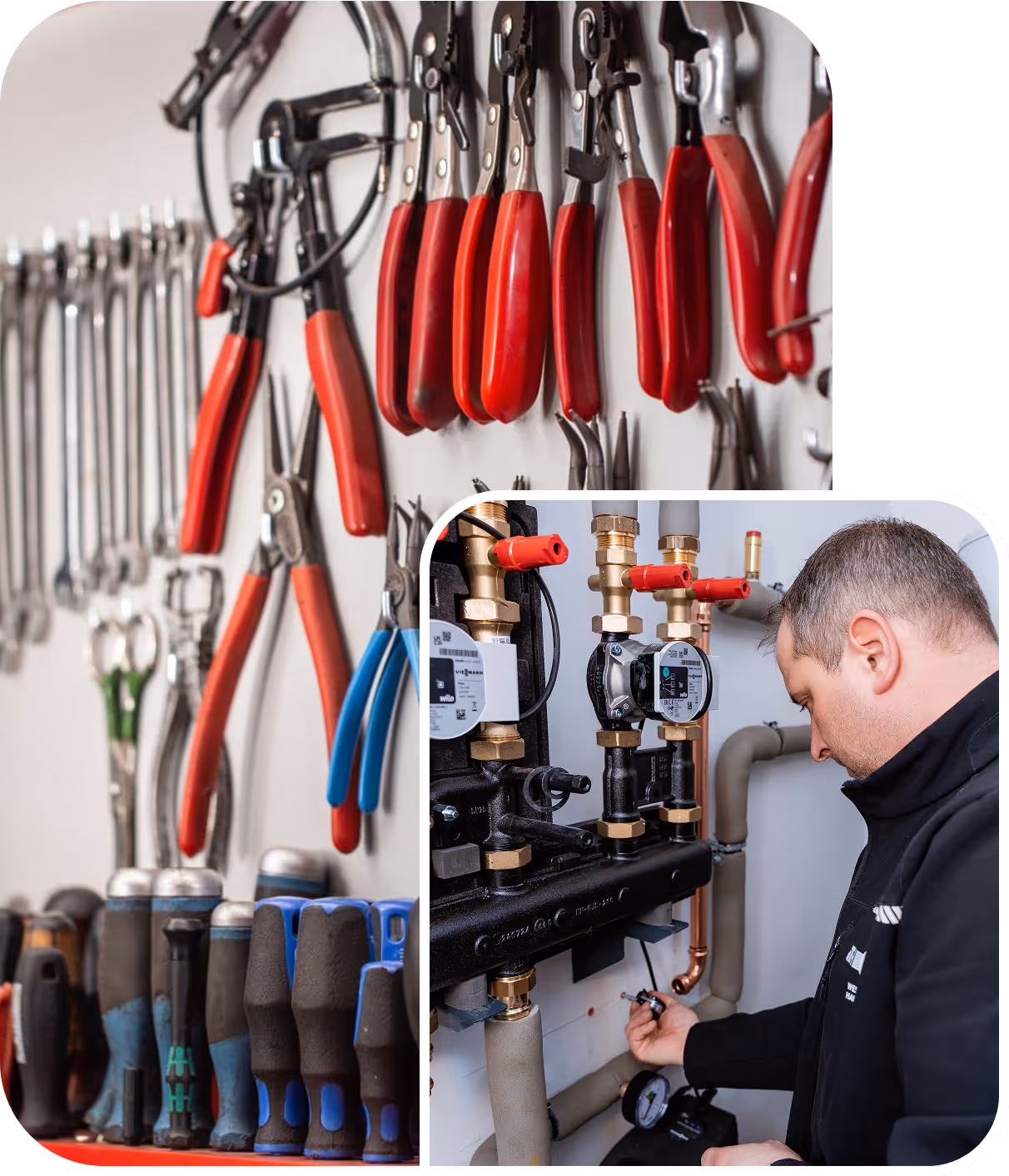 Werkzeuge im Hintergrund an die Wand und vorne das kleine Bild ist ein Handwerker der im Keller an der Gastherme schraubt