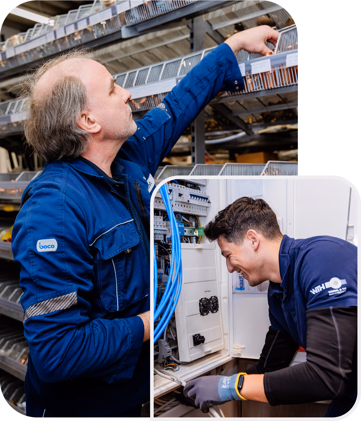 Auf dem Bild sind zwei Handwerker zu sehen, die konzentriert technische Arbeiten ausführen.