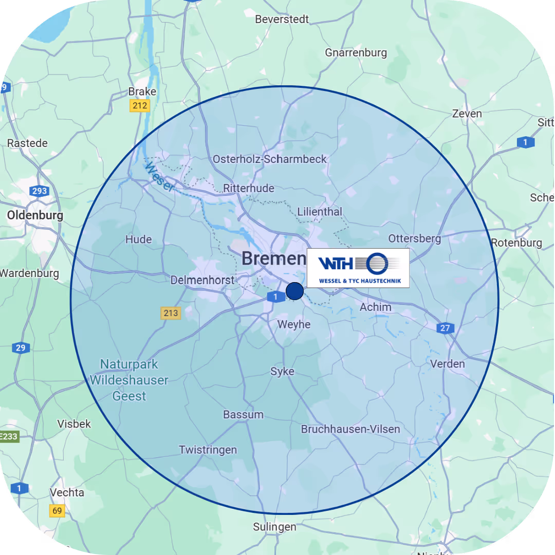 Karte Abdeckungsgebiet von der WTH GmbH etwa 35 km rund um Bremen-Arsten