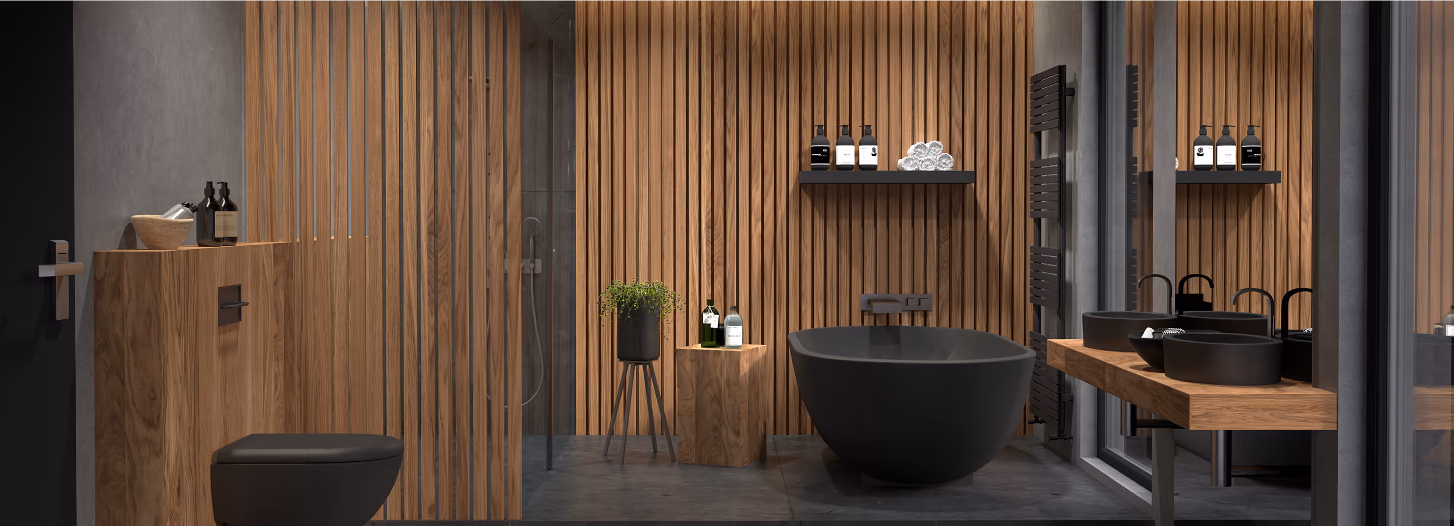 Modernes Bad mit Badewanne, schwarzen Armaturen und Holzvertäfelung