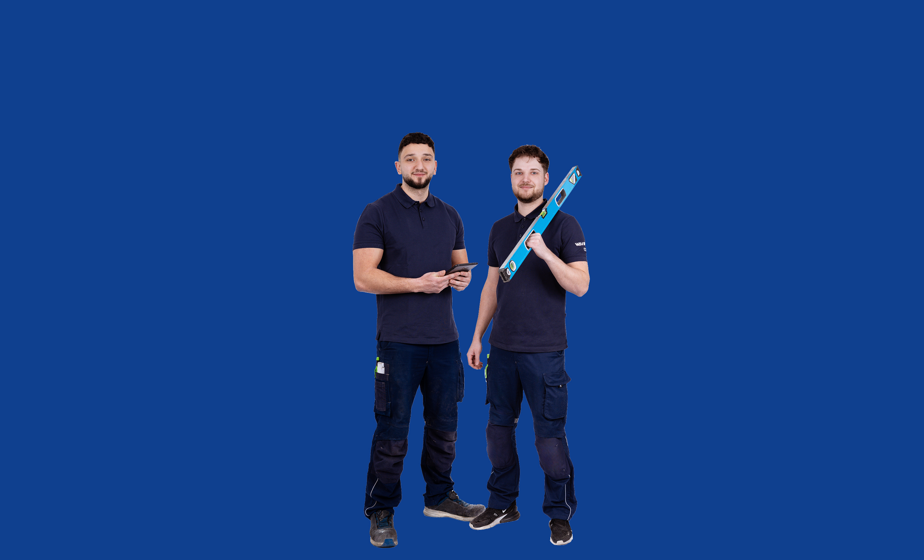 Zwei WTH Handwerker auf blauem Hintergrund