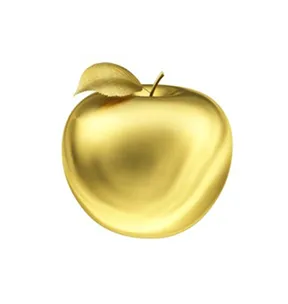 A golden apple with a leaf on top of it.