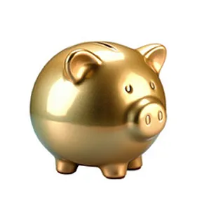 A gold piggy bank sitting on top of a white surface.