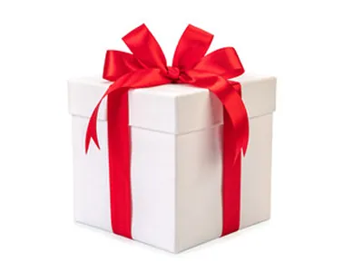 A white gift box with a red ribbon.