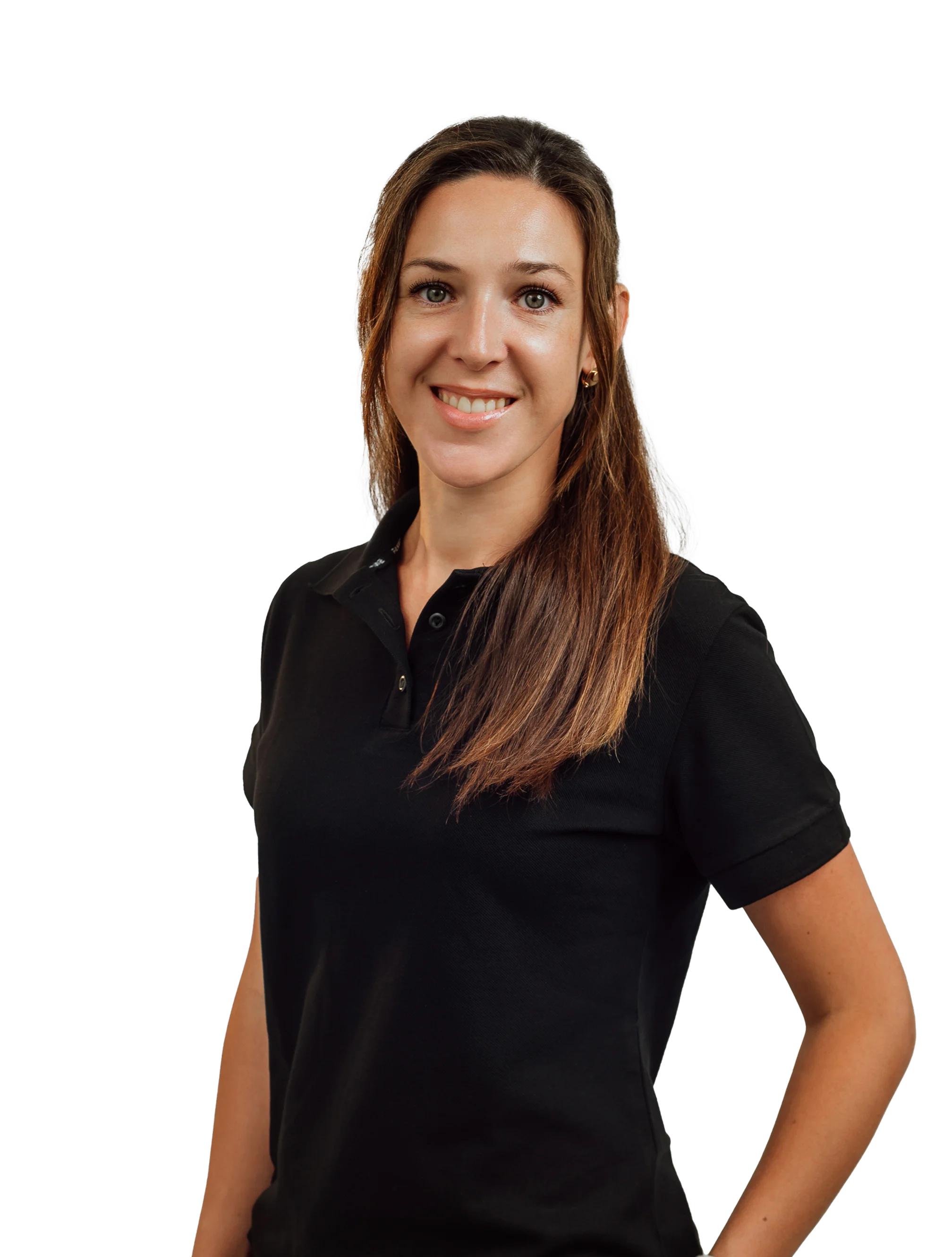 A woman wearing a black shirt and jeans.