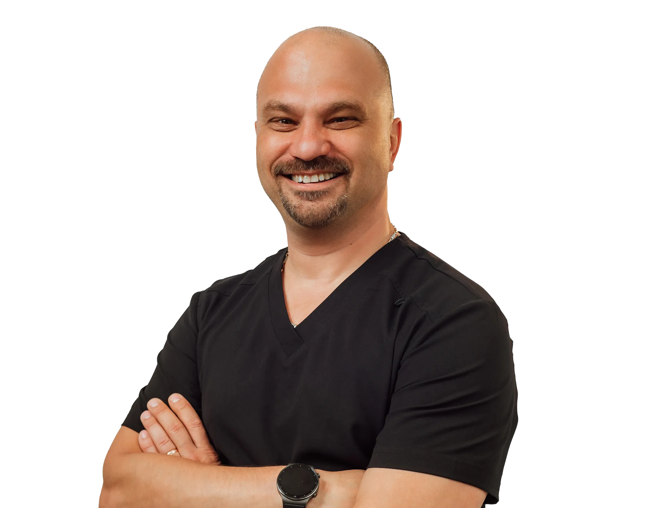 A man in a black shirt with his arms crossed.