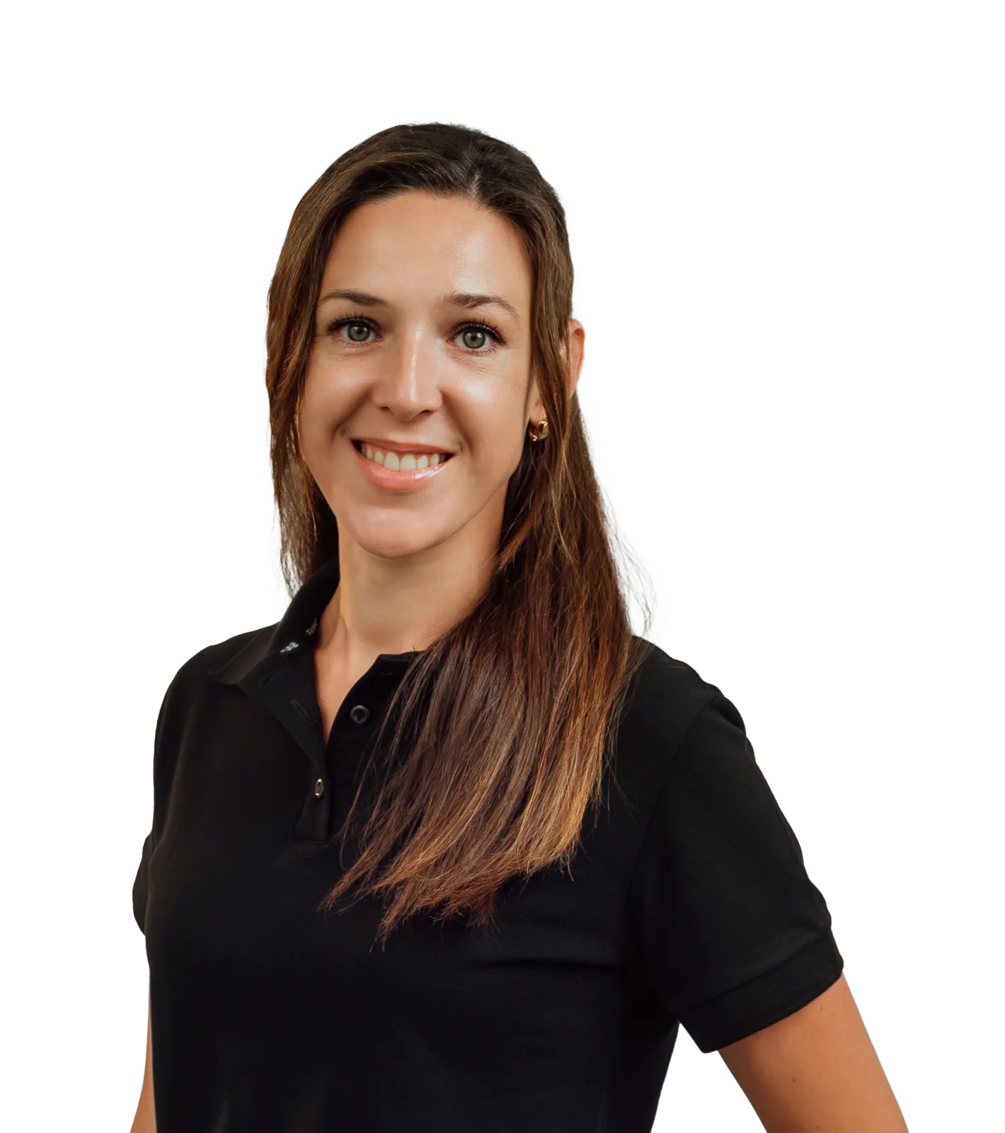 A woman in a black shirt smiling.