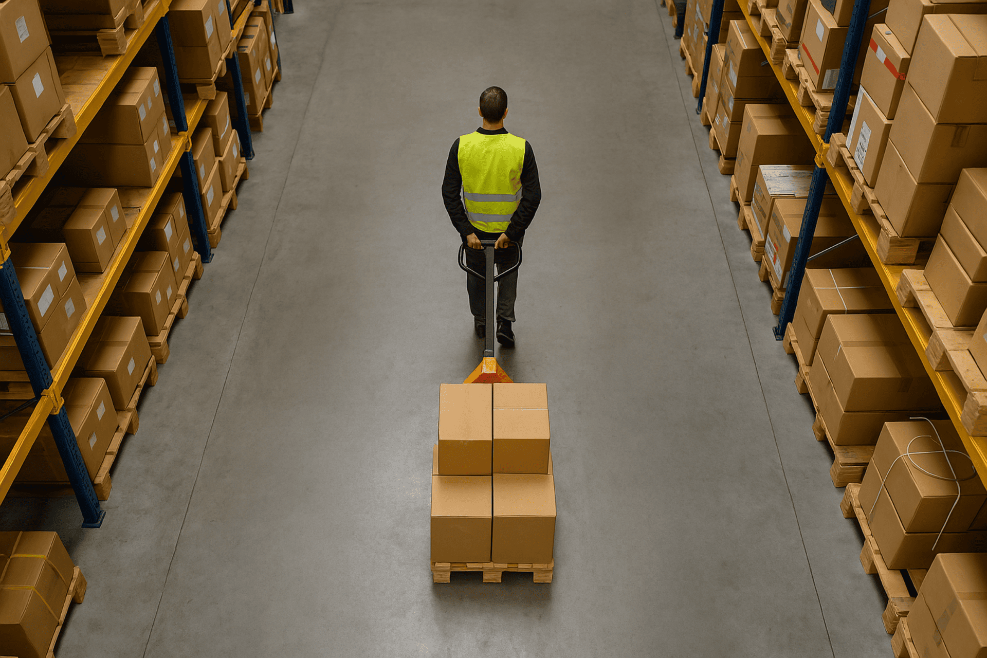 Top-down view of a small manual warehouse with a worker pulling a pallet jack