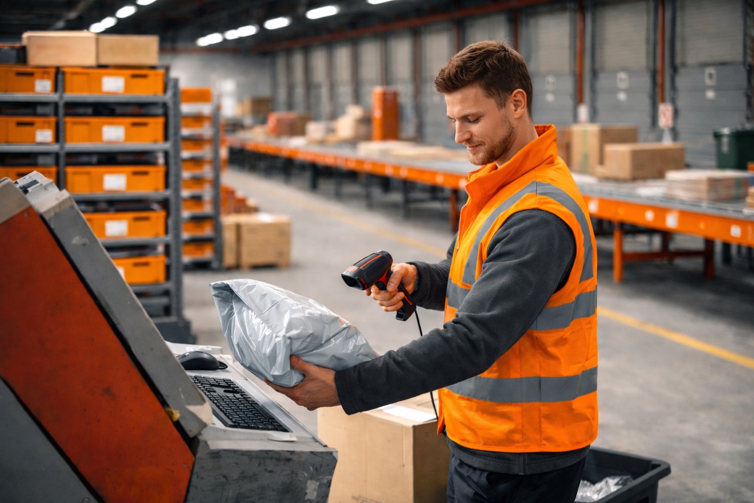 Lagermitarbeiter scannt Paket im Arbeitsbereich