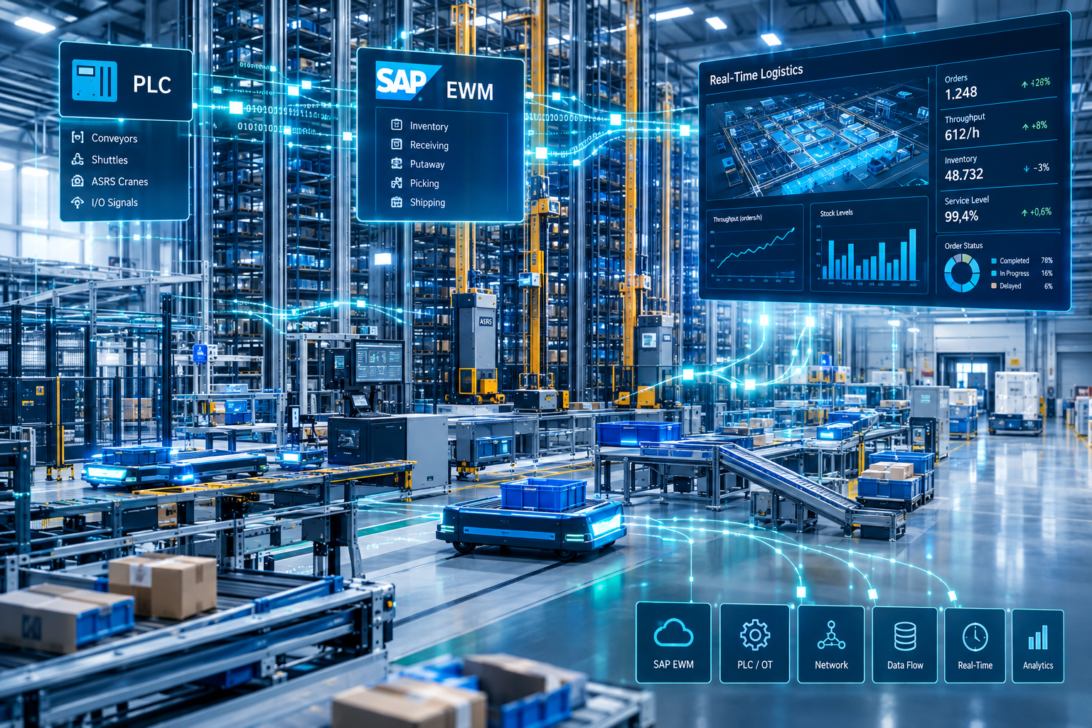 Automatisiertes Hochregallager mit Fördertechnik und fahrerlosen Transportfahrzeugen; eingeblendete Datenanzeigen zu PLC und SAP EWM symbolisieren die Telegrammkommunikation