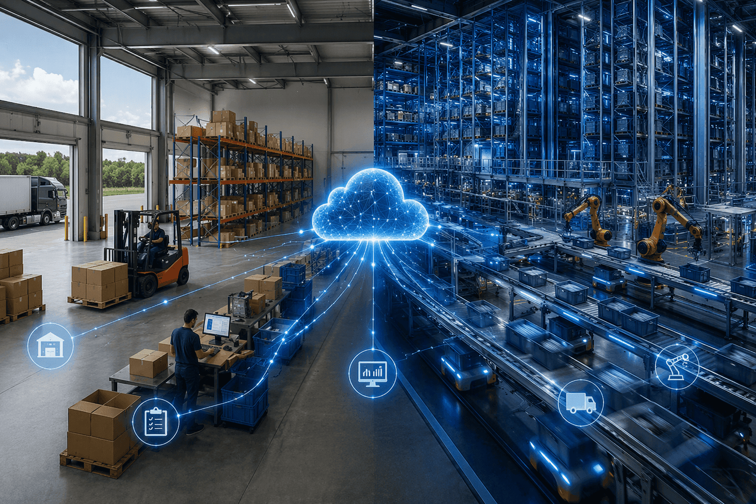 Escena de almacén dividida: a la izquierda puestos de trabajo manuales con carretilla elevadora y entrada de mercancías, a la derecha almacén automático de gran altura con robots y transportadores, unidos por una nube luminosa