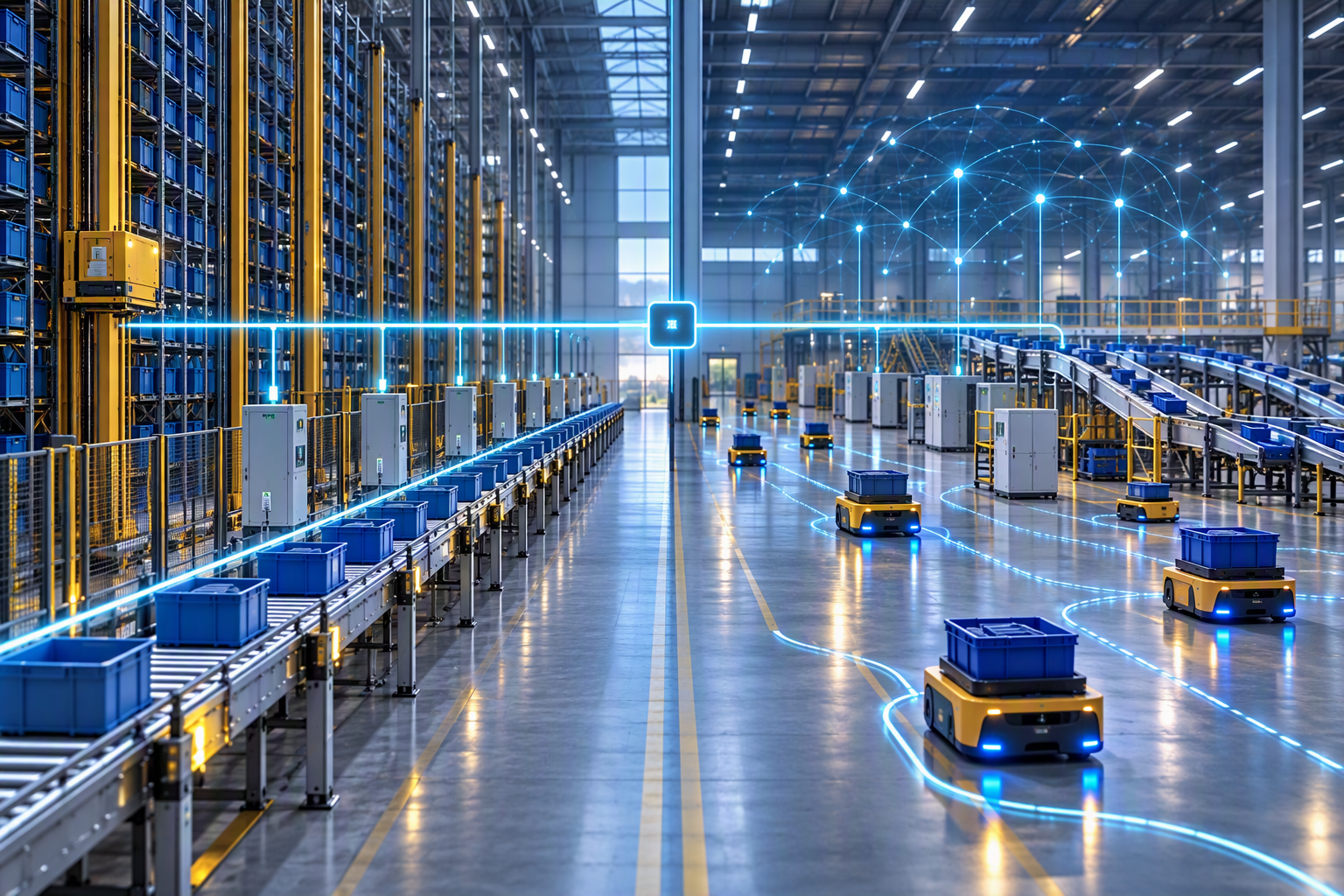 Almacén con flujo ordenado de transportadores a la izquierda y robots móviles dinámicos a la derecha, unidos por una interfaz de control como símbolo de una arquitectura híbrida