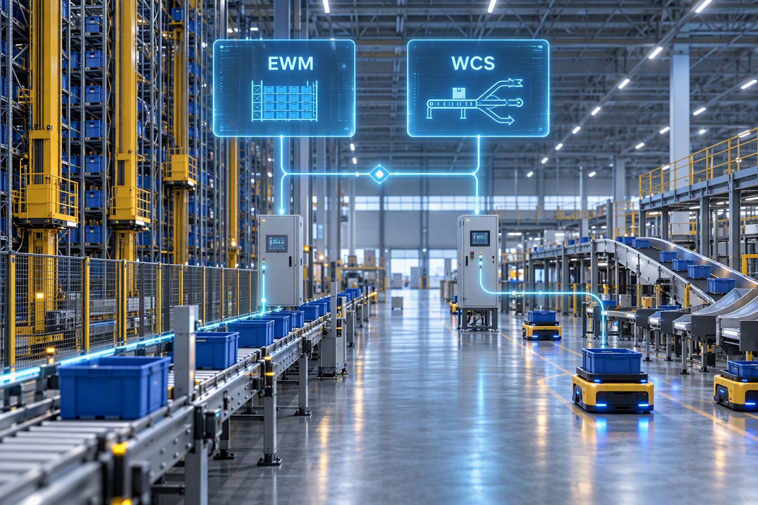 Almacén automatizado con estantería de gran altura y transportadores; dos líneas de control luminosas de EWM y WCS hacia el PLC y robots móviles se encuentran en un punto de unión