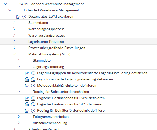 SPRO-Customizing-Baum von SAP EWM unter Materialflusssystem (MFS) mit den Ästen Lagerungssteuerung und Routing für Behälterfördertechnik