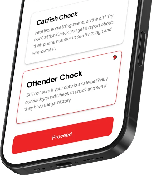 Smartphone screen showing options for 'Catfish Check' and 'Offender Check' background reports with a red 'Proceed' button.