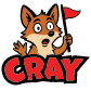 Cartoon fox mascot with raised hands above the red word 'CRAY'.