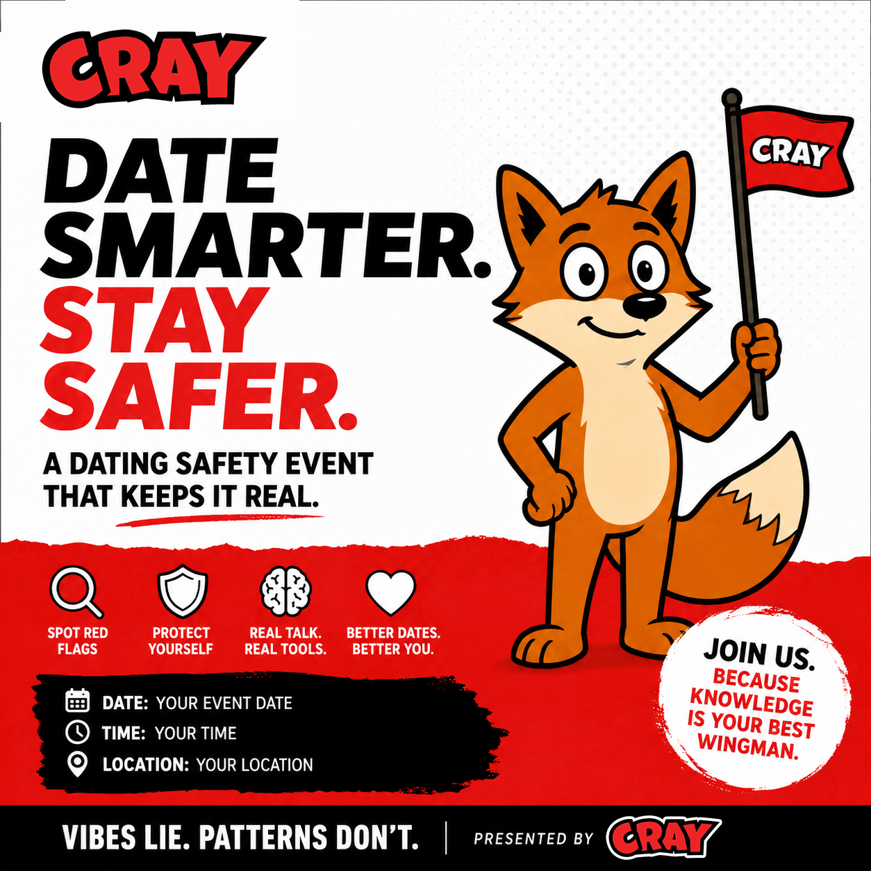 Cray dating safety event announcement graphic