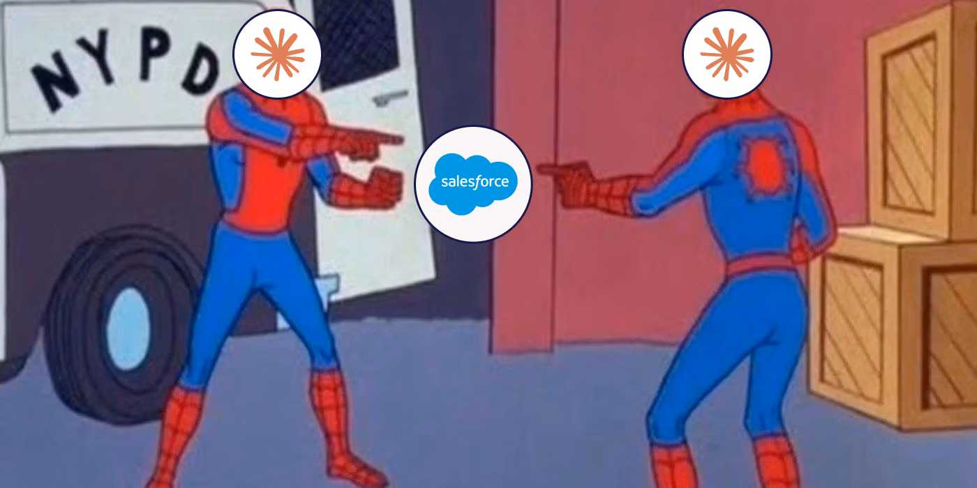 Spider-Man meme illustrating Agentforce and Claude pointing at each other.