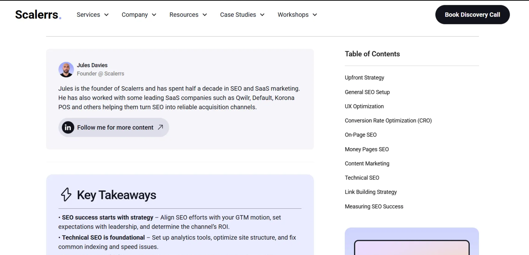 screenshot of Scalrrs blog with table of content, key takeways