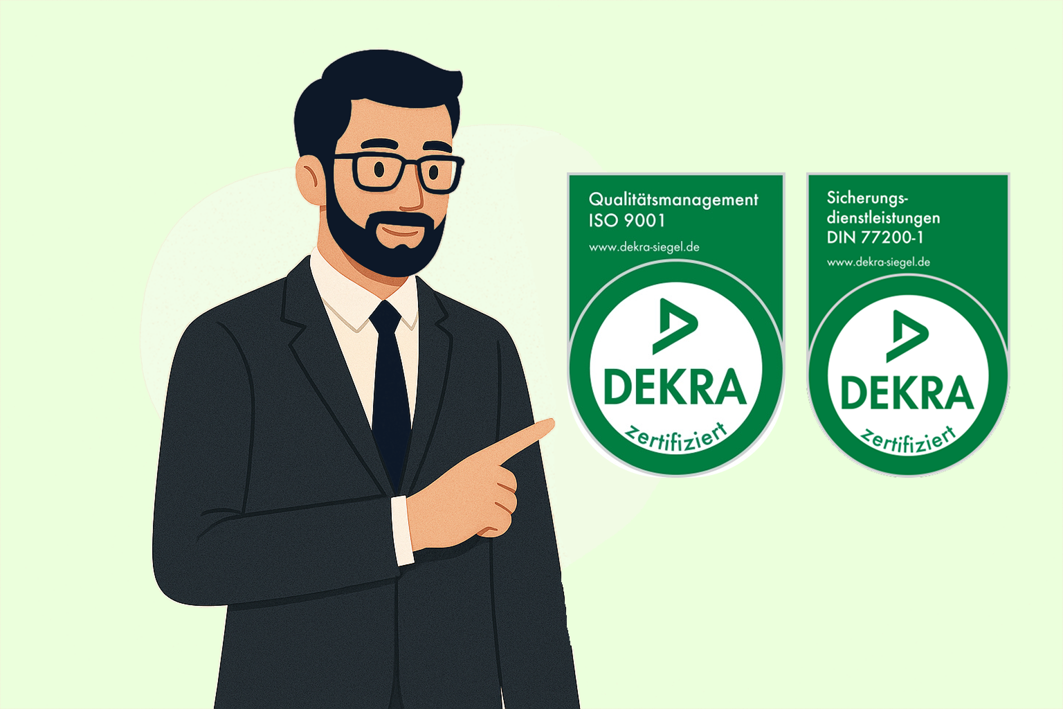 Mann im Anzug zeigt auf zwei DEKRA-Zertifizierungen für Qualitätsmanagement ISO 9001 und Sicherungsdienstleistungen DIN 77200-1.