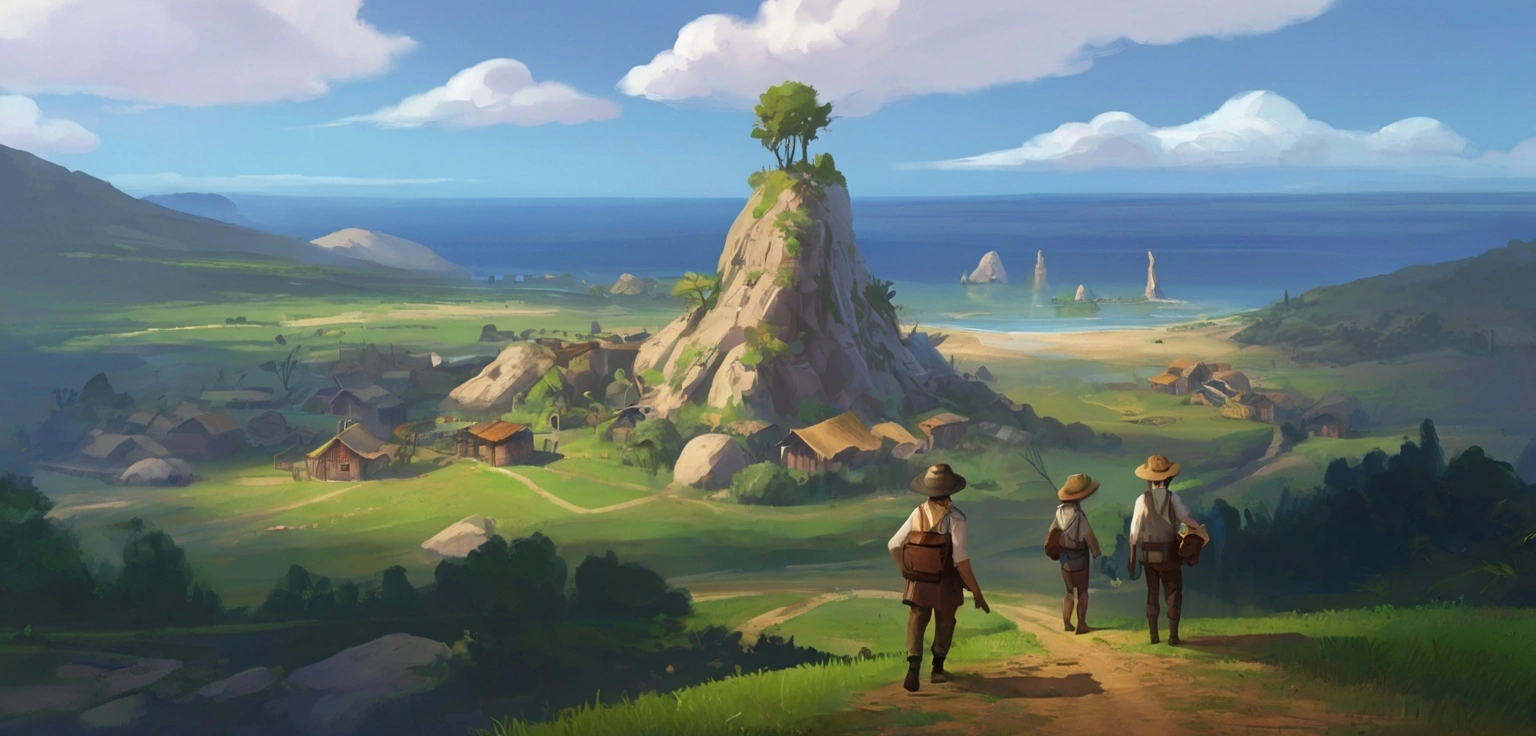 Three villager kids running down the hill with a beautiful view of a mountain village overlooking the ocean