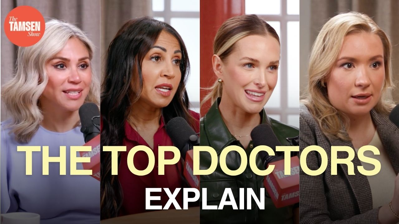 The Tamsen Show episode cover: Tamsen Fadal with four doctors on belly fat, text reads 'The top doctors explain'