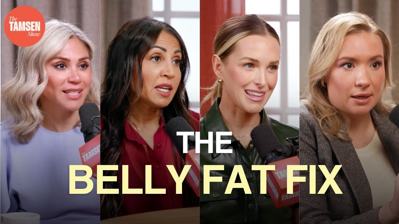 The Tamsen Show episode cover: Tamsen Fadal with four doctors on belly fat, text reads 'The belly fat fix'