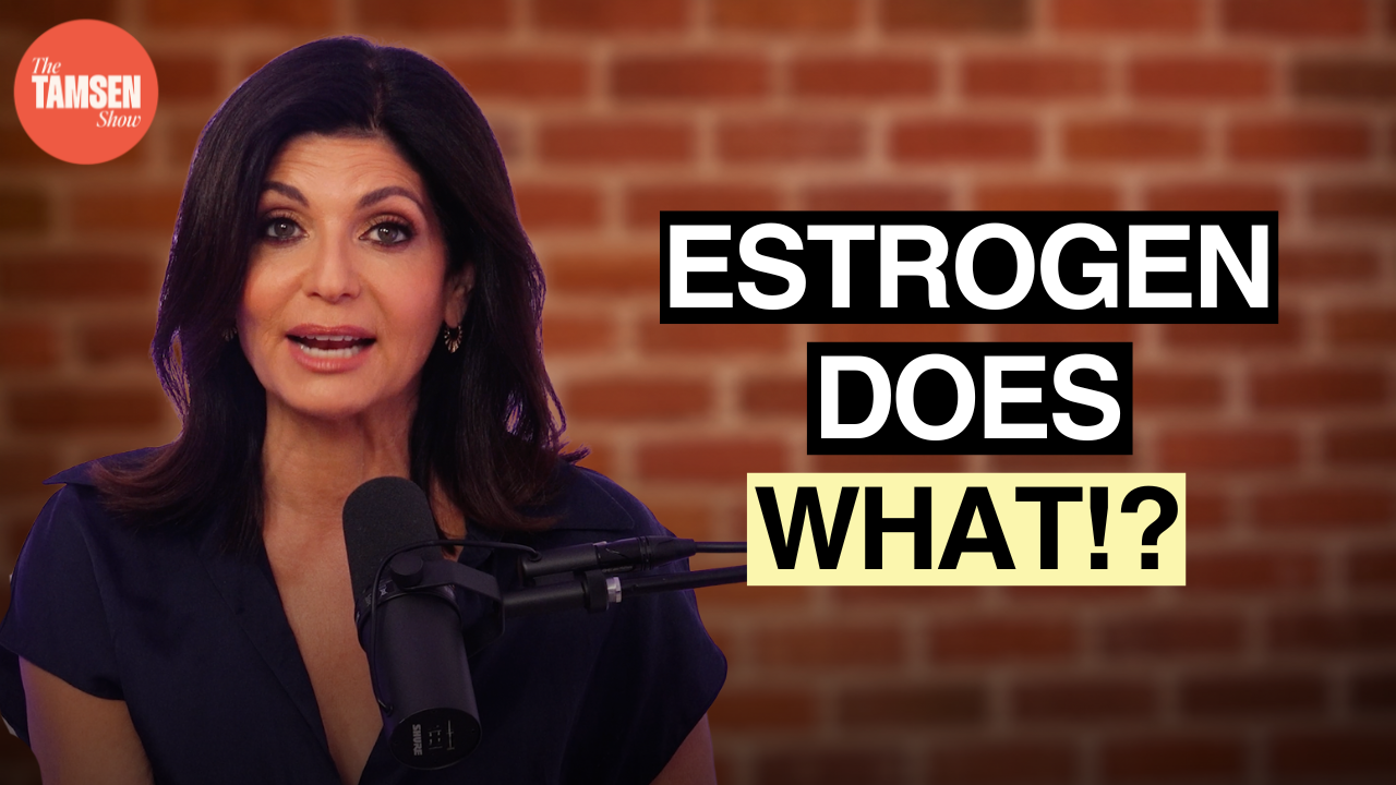 The Tamsen Show episode cover: Tamsen Fadal at a podcast microphone, text reads 'Estrogen does what!?'