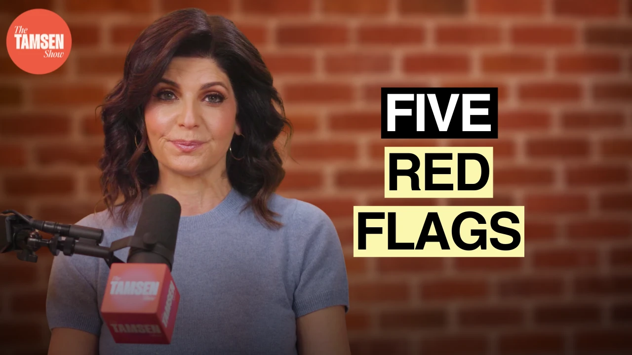 The Tamsen Show episode cover: Tamsen Fadal at a podcast microphone, text reads 'Five red flags'