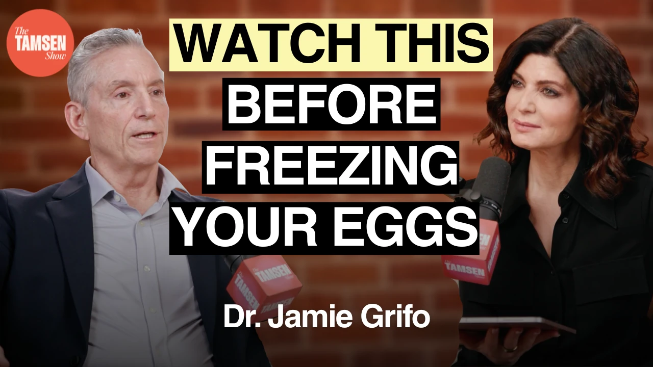 The Tamsen Show episode cover: Dr. Jamie Grifo and Tamsen Fadal, text reads 'Watch this before freezing your eggs'
