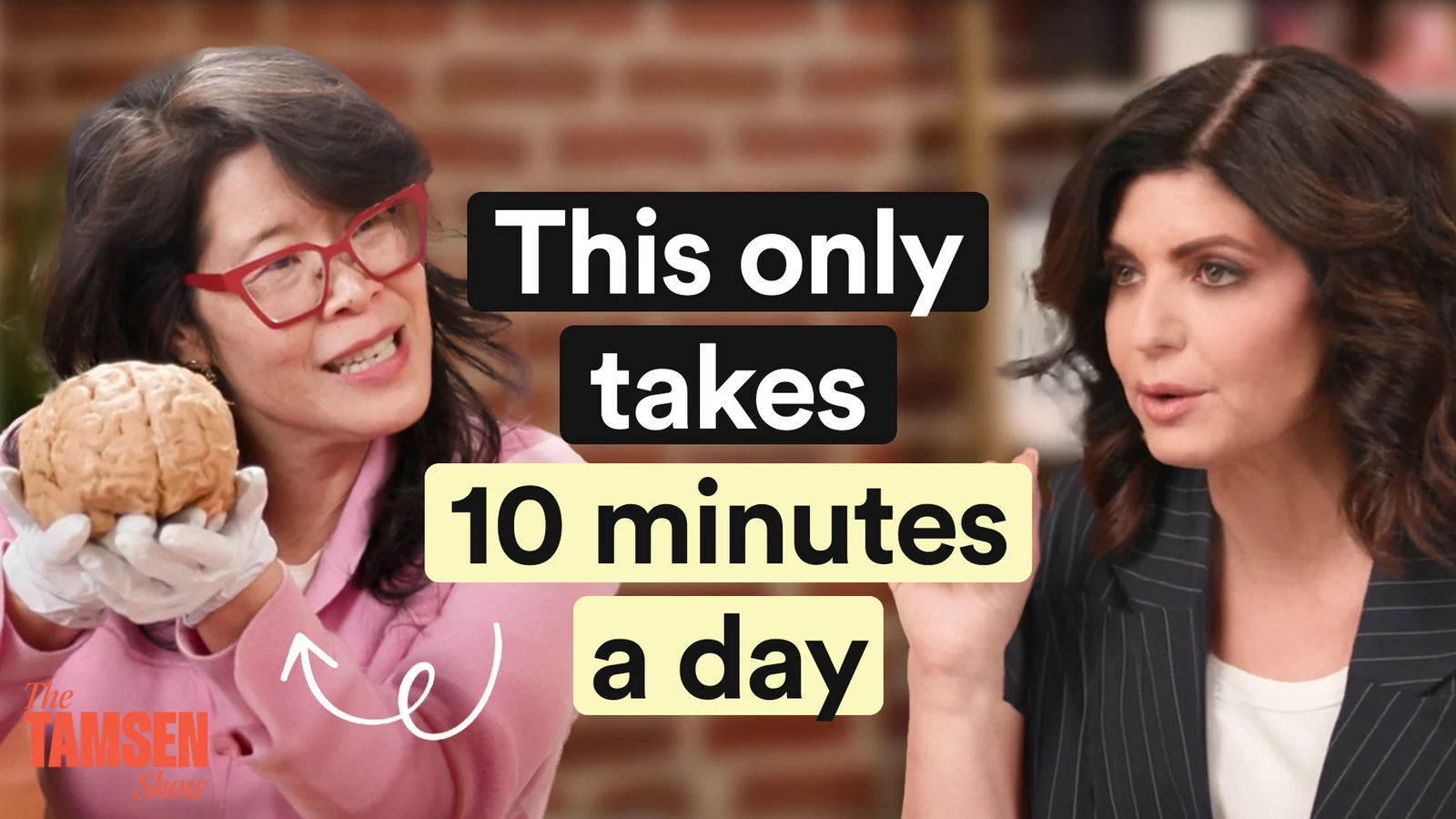 The Tamsen Show episode cover: Dr. Wendy Suzuki holding a brain model with Tamsen Fadal