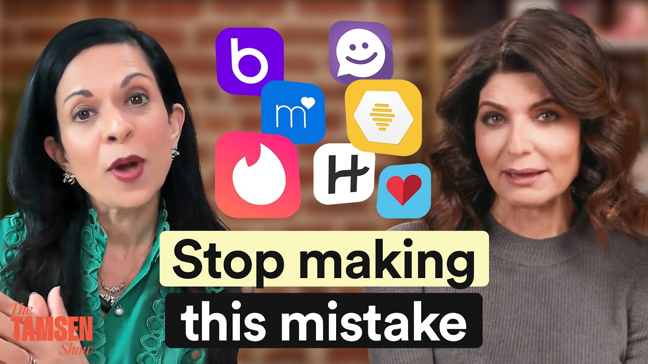 The Tamsen Show episode cover: Bela Gandhi and Tamsen Fadal with dating app icons, text reads 'Stop making this mistake'