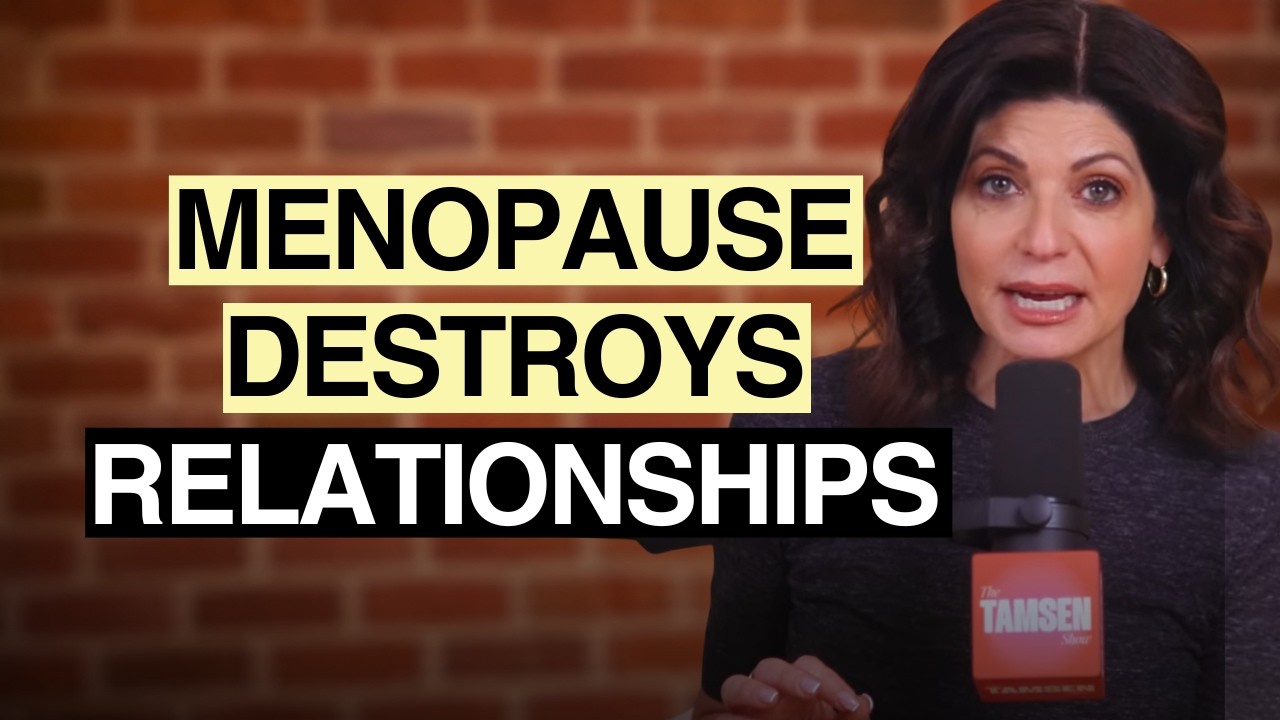 The Tamsen Show episode cover: Tamsen Fadal at a podcast microphone, text reads 'Menopause destroys relationships'