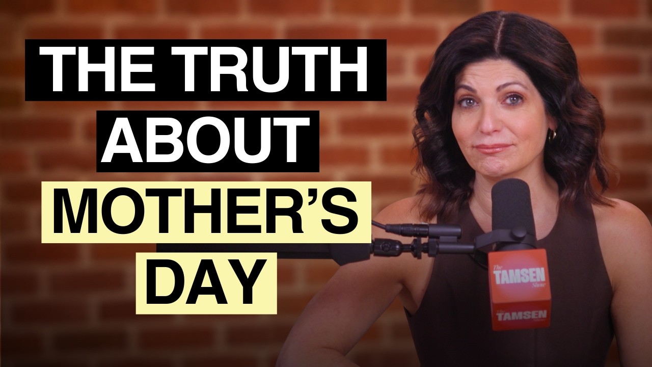The Tamsen Show episode cover: Tamsen Fadal at a podcast microphone, text reads 'The truth about Mother's Day'
