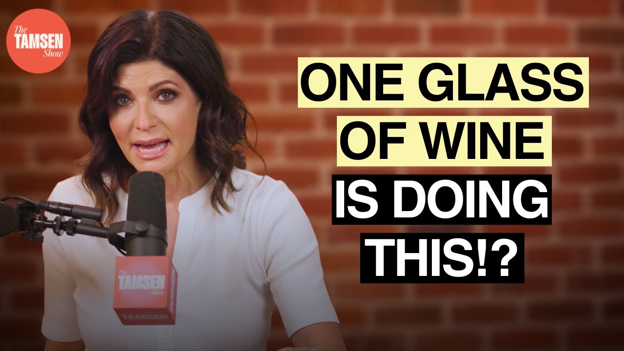 The Tamsen Show episode cover: Tamsen Fadal at a podcast microphone, text reads 'One glass of wine is doing this!?'