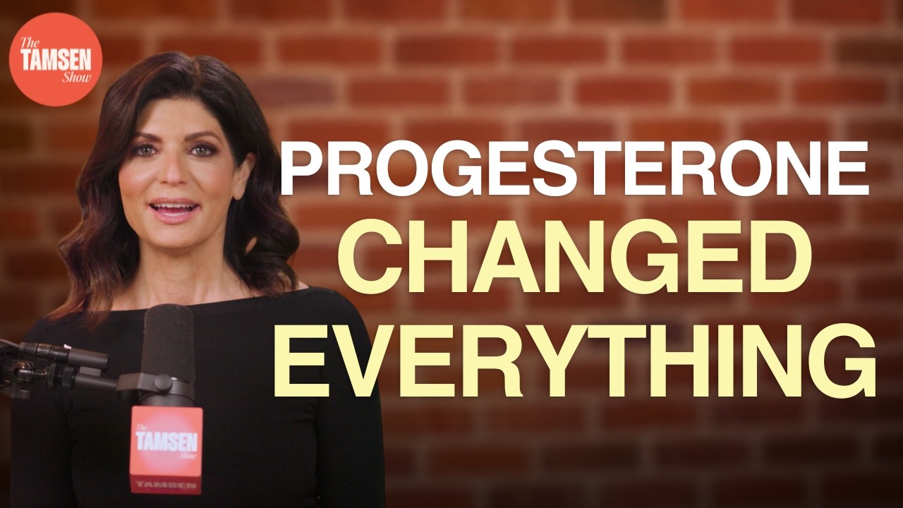 The Tamsen Show episode cover: Tamsen Fadal at a podcast microphone, text reads 'Progesterone changed everything'