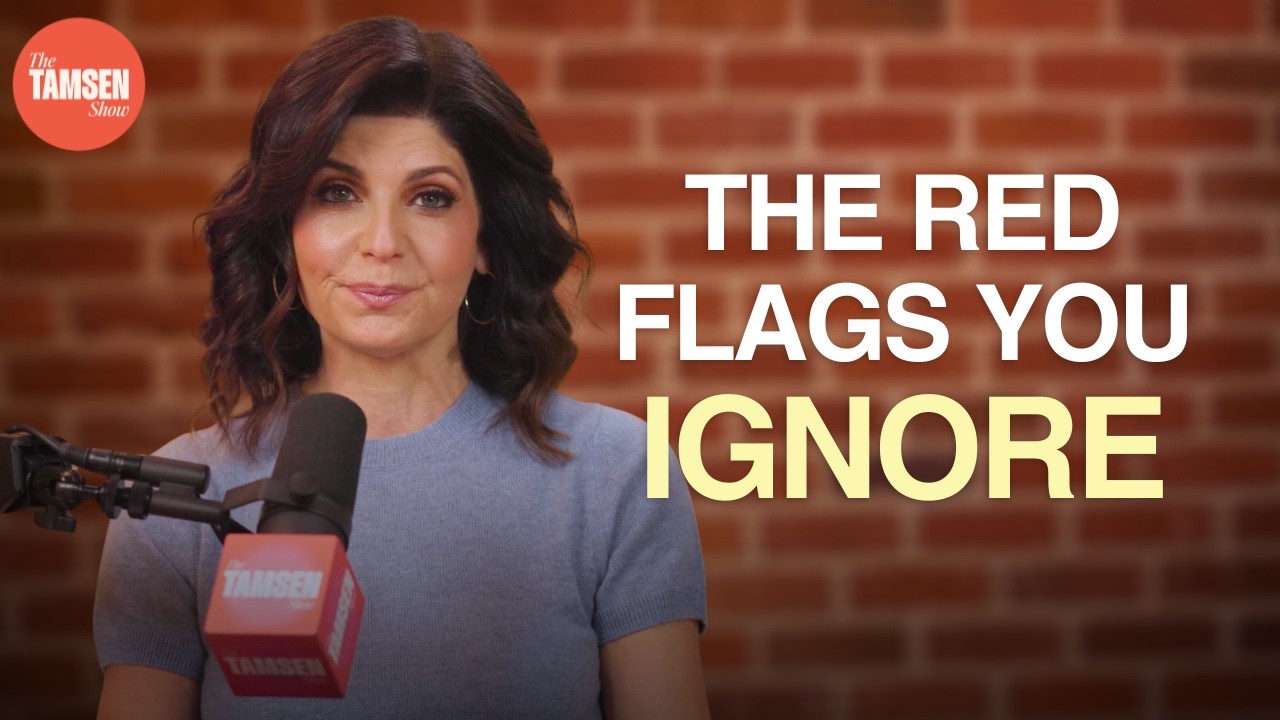 The Tamsen Show episode cover: Tamsen Fadal at a podcast microphone, text reads 'The red flags you ignore'