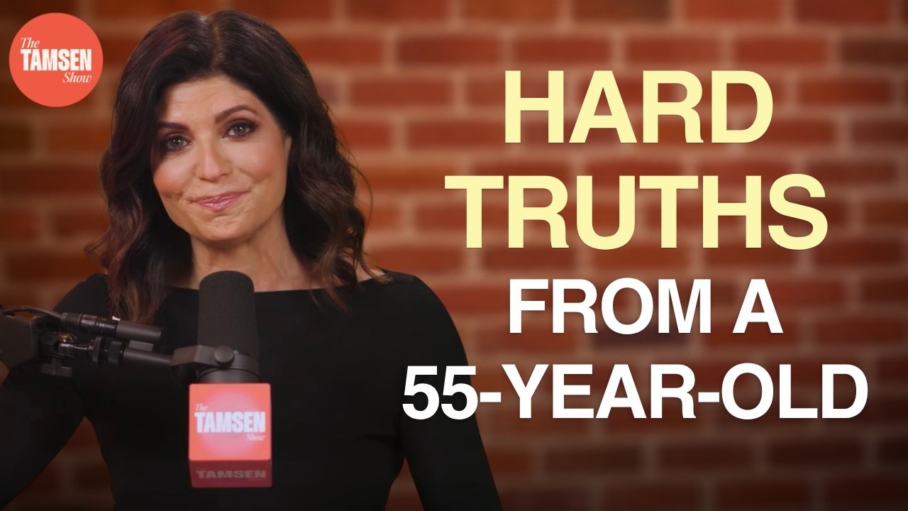 The Tamsen Show episode cover: Tamsen Fadal at a podcast microphone, text reads 'Hard truths from a 55-year-old'