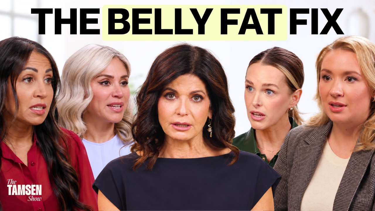 The Tamsen Show episode cover: Tamsen Fadal with four doctors on belly fat, text reads 'The belly fat fix'