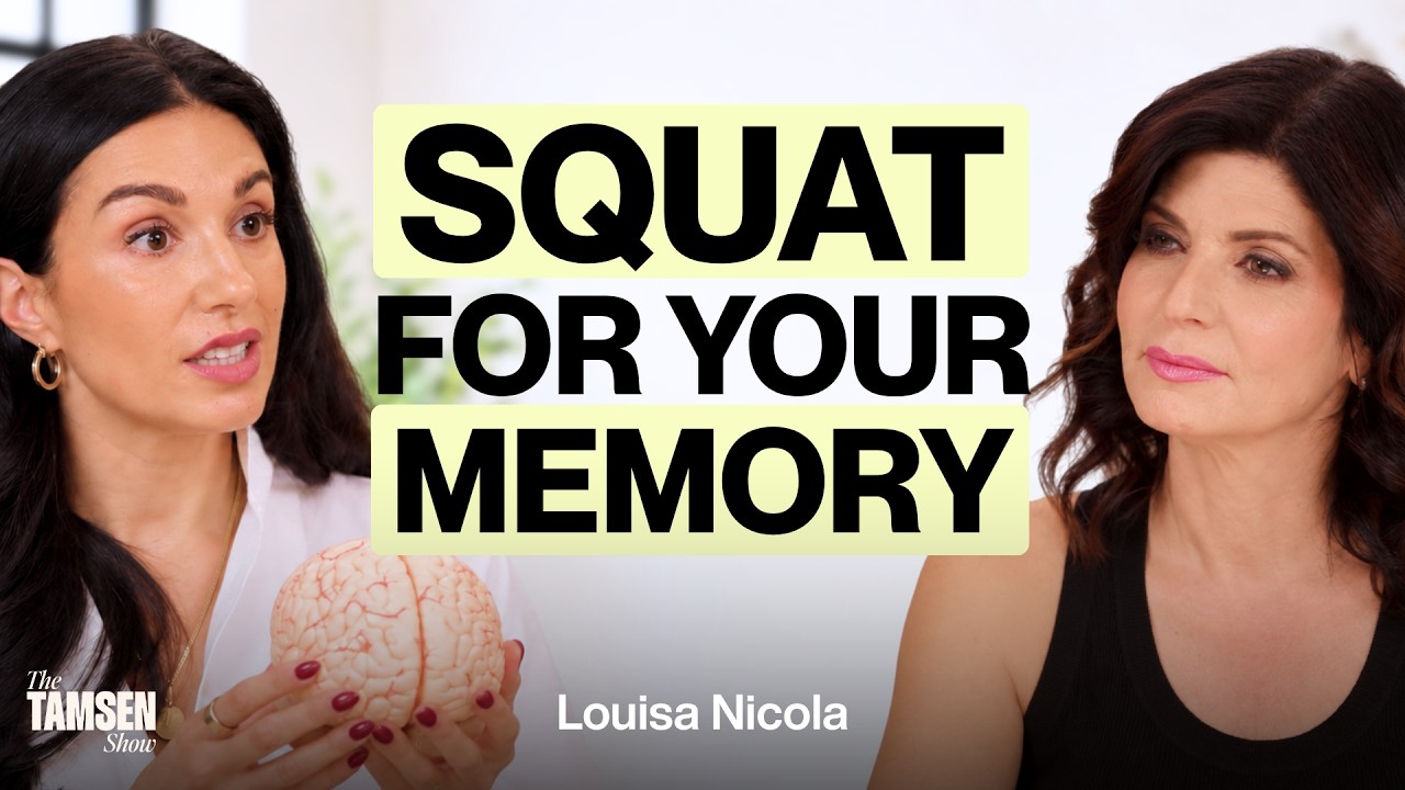 The Tamsen Show episode cover: Louisa Nicola holding a brain model with Tamsen Fadal, text reads 'Squat for your memory'