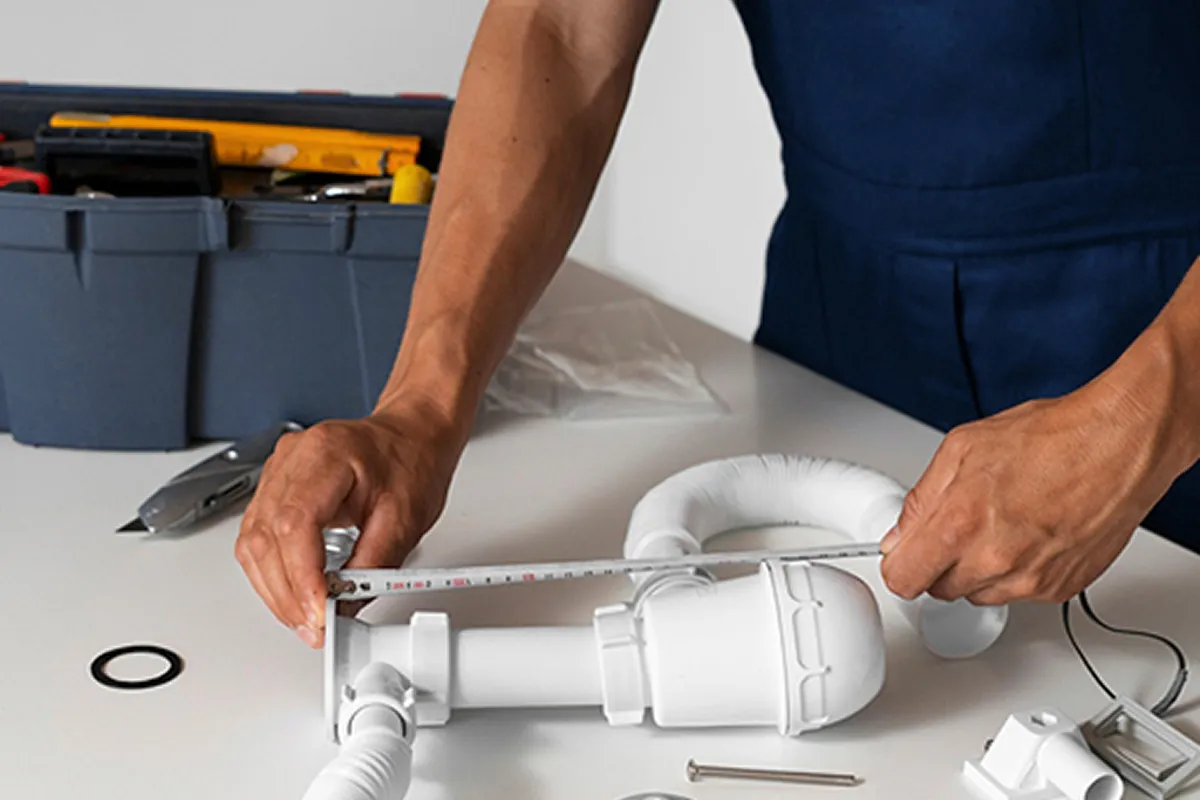 A person measuring the length of pipe using a tape measure