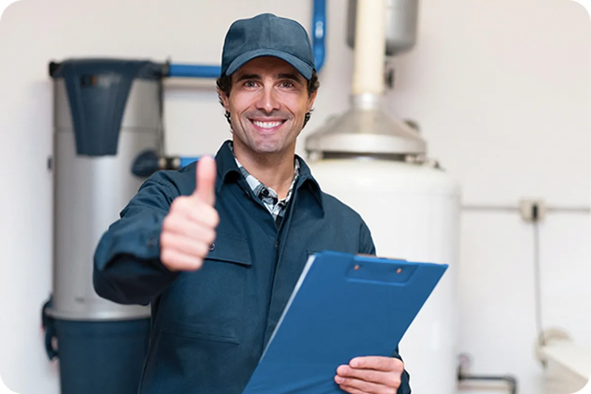 A plumber smiling and showing thumbs up.