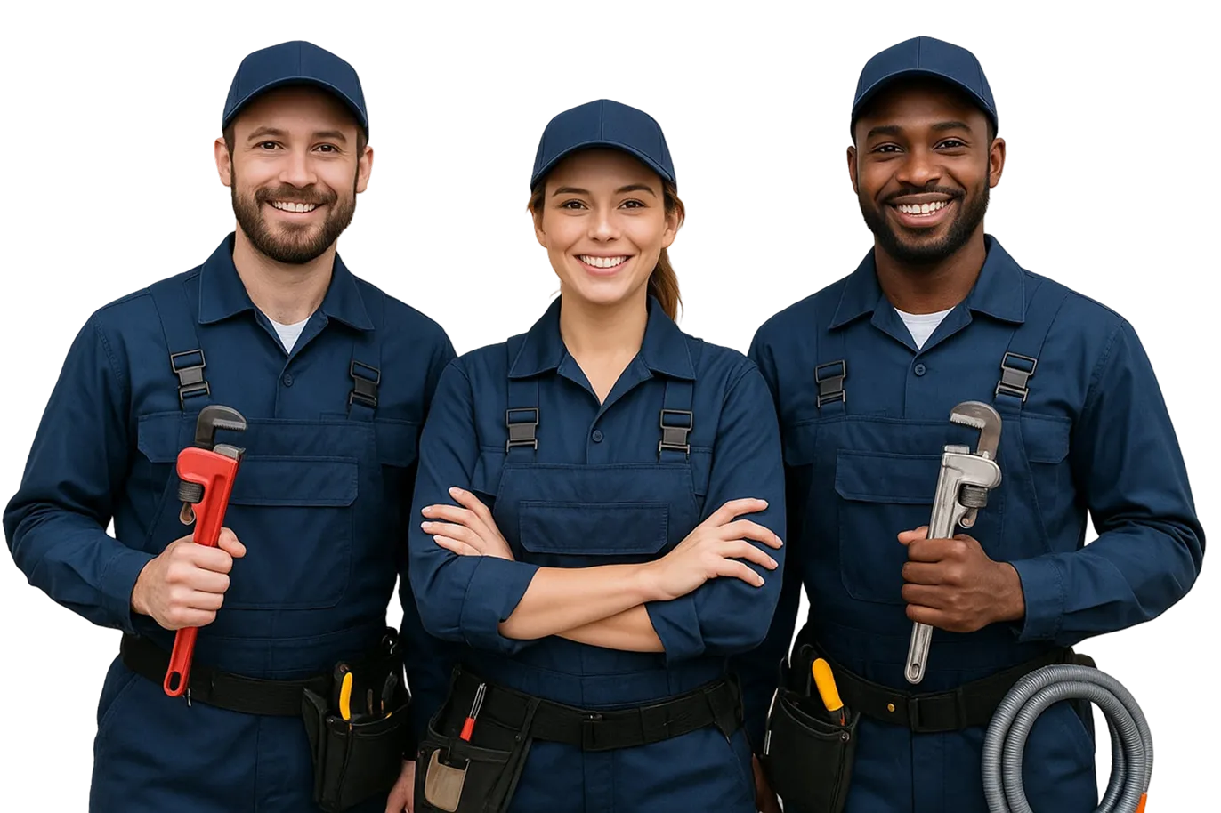 Three plumbers looking and smiling
