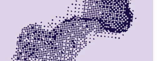 Grupo abstracto de puntos de color azul oscuro que forman una forma irregular sobre un fondo violeta claro.